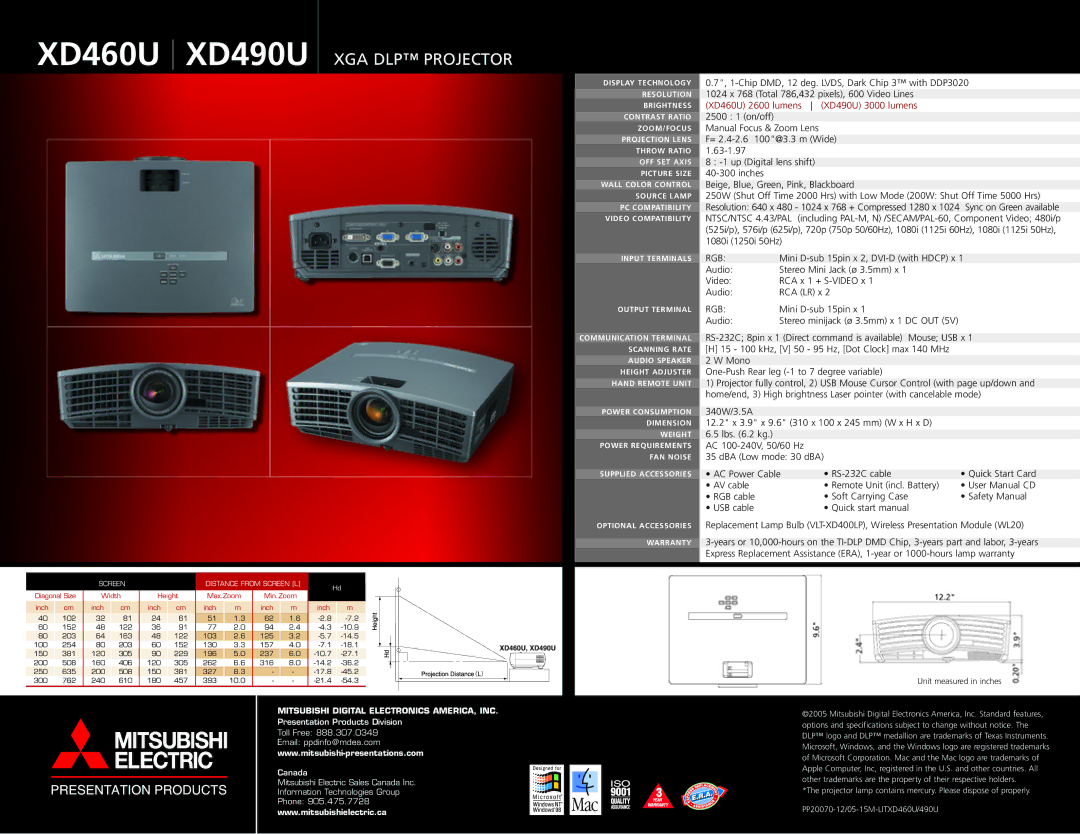 Mitsubishi Electronics XD460U/XD490U XD460U XD490U XGA DLP Projector, Rgb, Mitsubishi Digital Electronics AMERICA, INC 