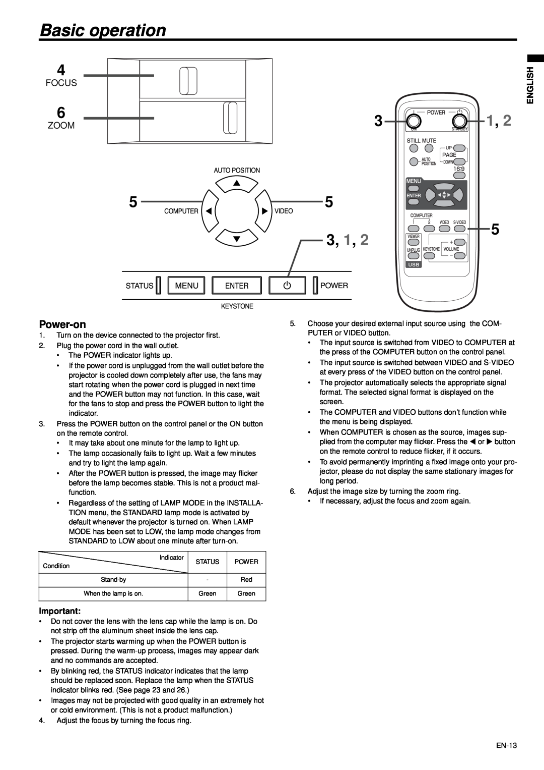 Mitsubishi Electronics XD470U-G user manual Basic operation, Power-on, Focus, Zoom, English 