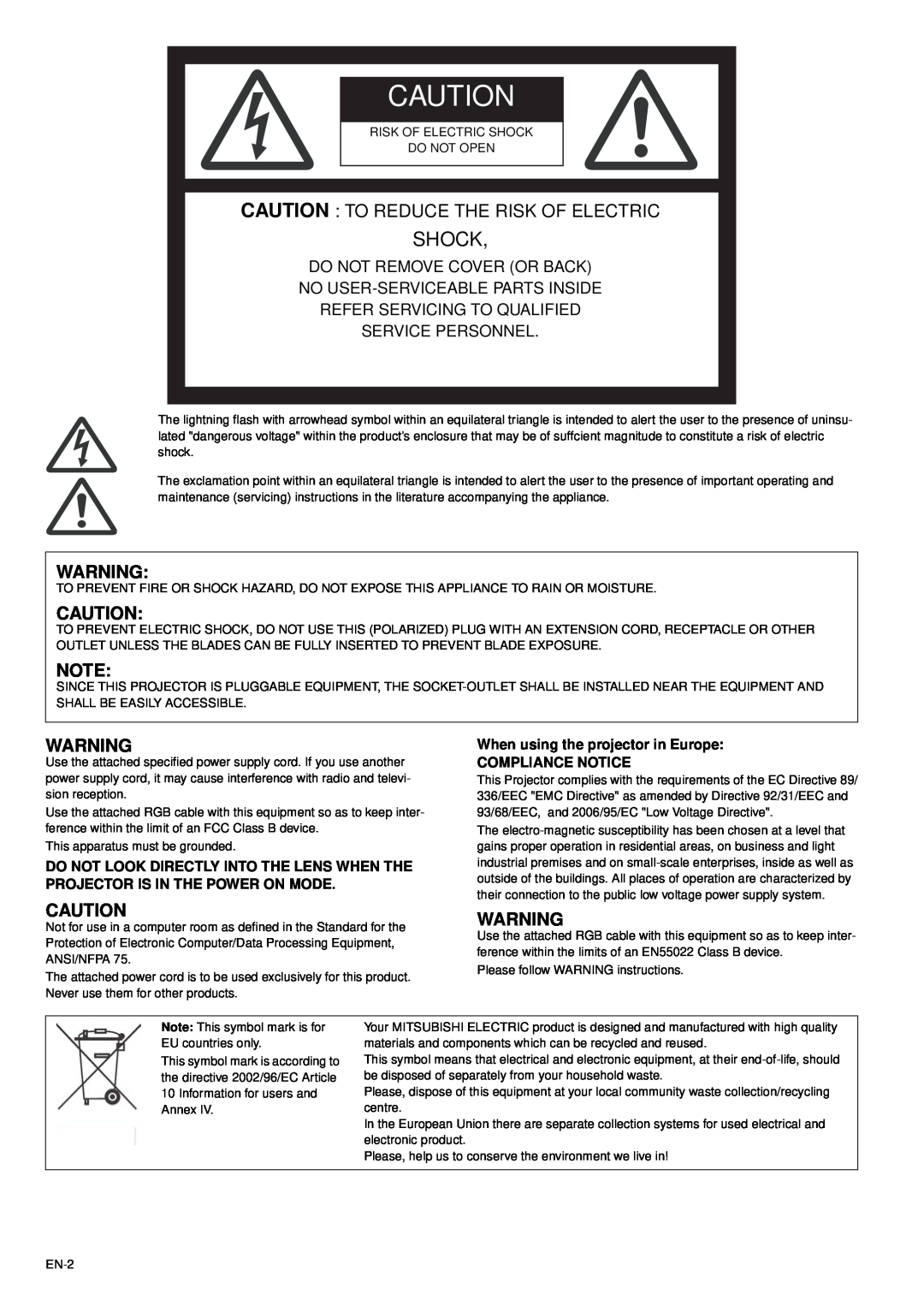 Mitsubishi Electronics XD470U-G user manual Caution To Reduce The Risk Of Electric, Shock 