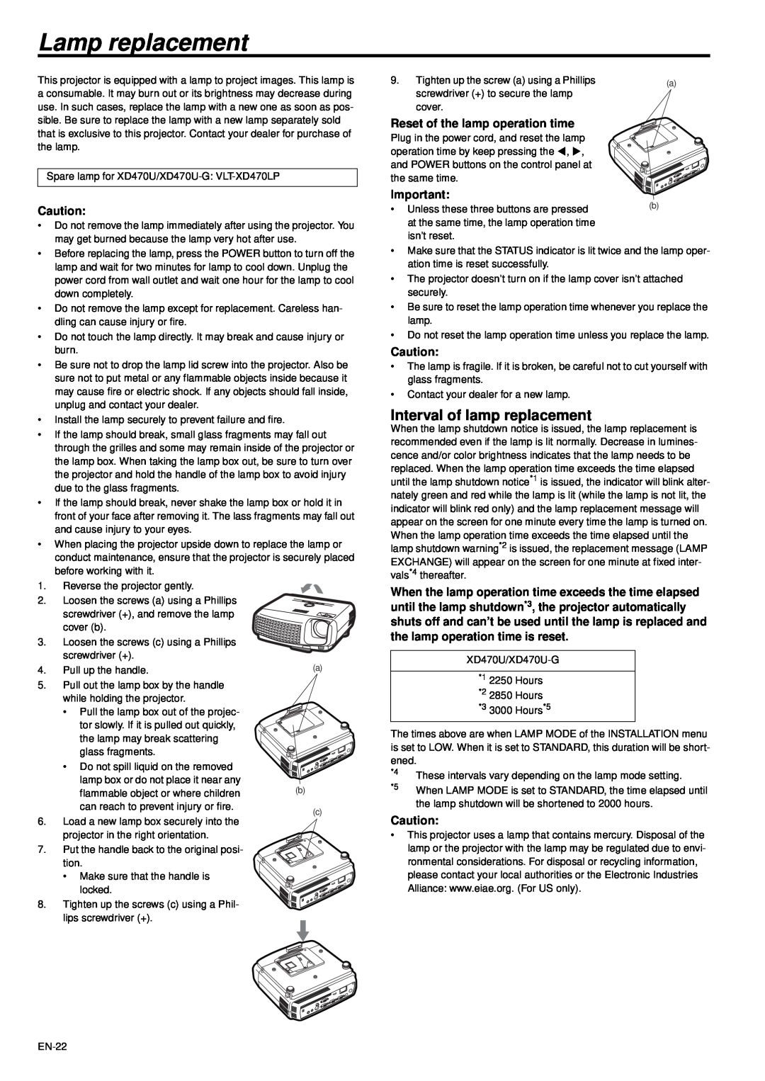 Mitsubishi Electronics XD470U-G user manual Lamp replacement, Interval of lamp replacement 