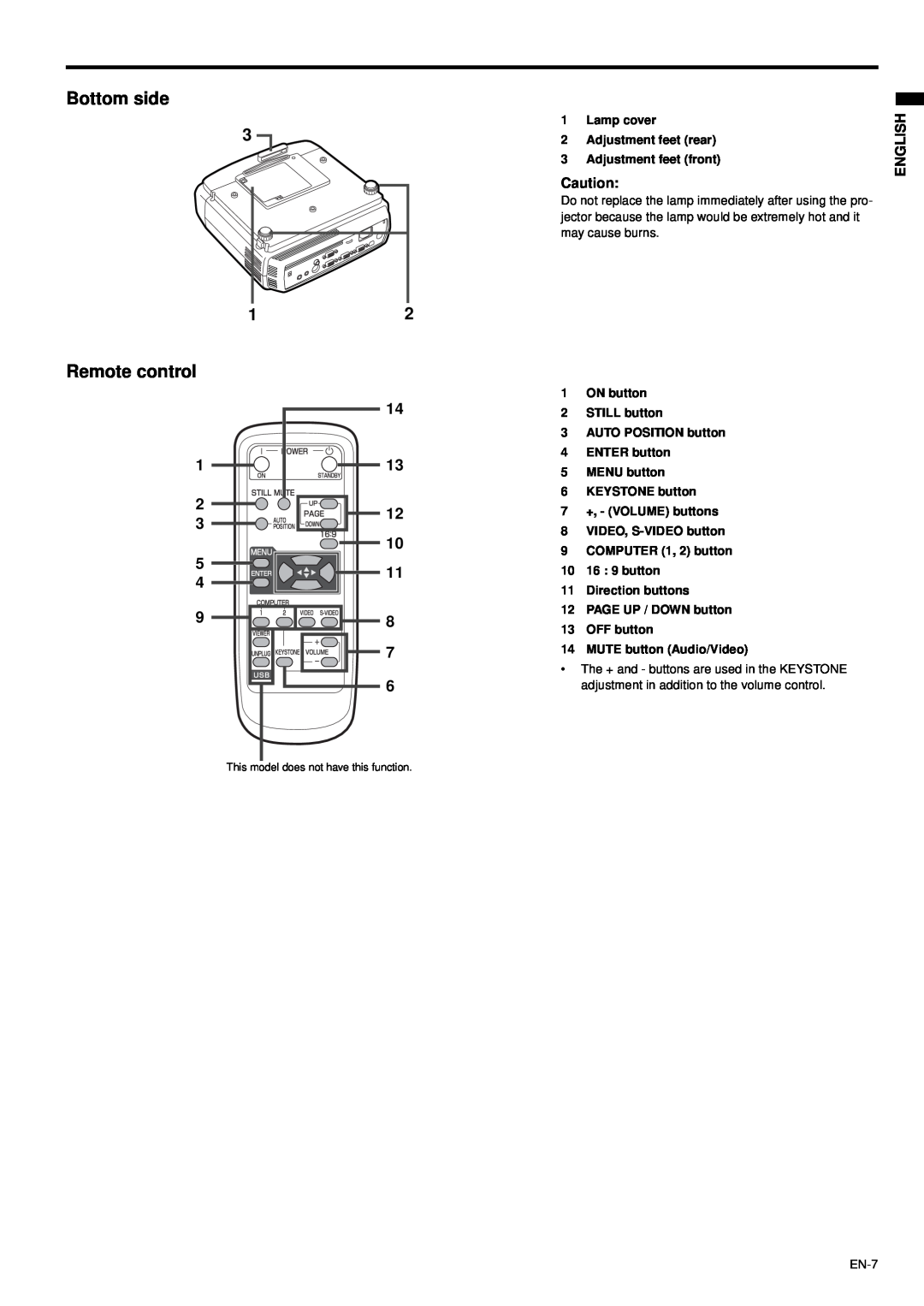 Mitsubishi Electronics XD470U-G user manual Bottom side, Remote control, English 