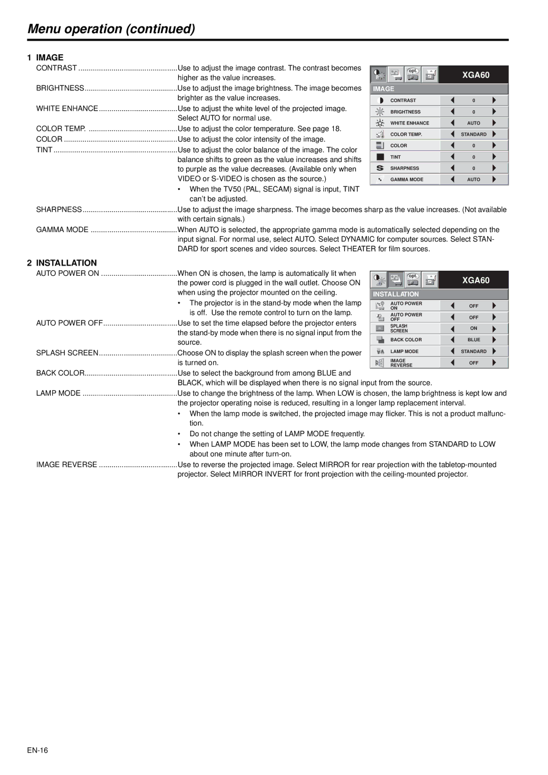 Mitsubishi Electronics XD470U/XD470U-G user manual Menu operation 