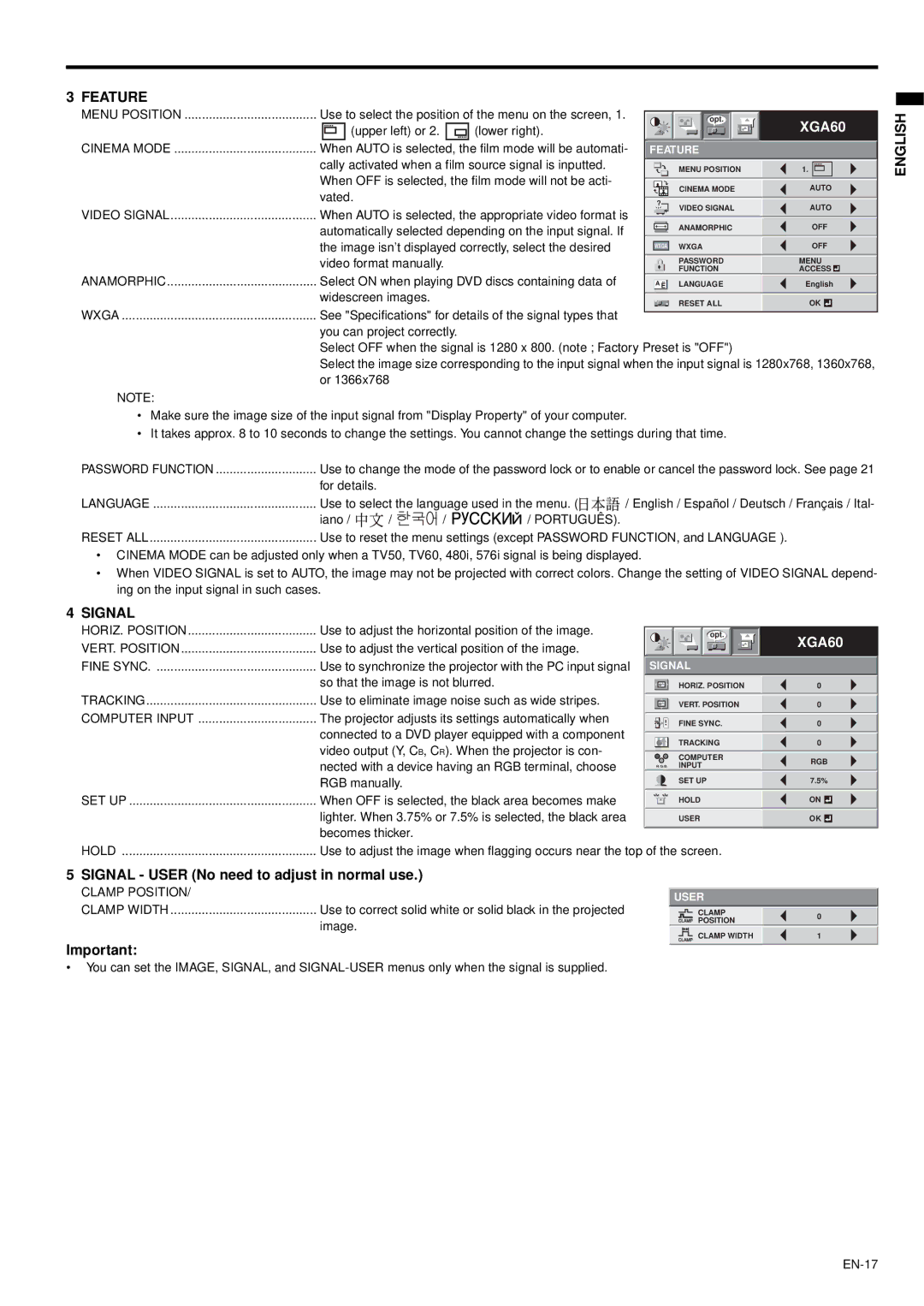 Mitsubishi Electronics XD470U/XD470U-G user manual Feature, Signal User No need to adjust in normal use 