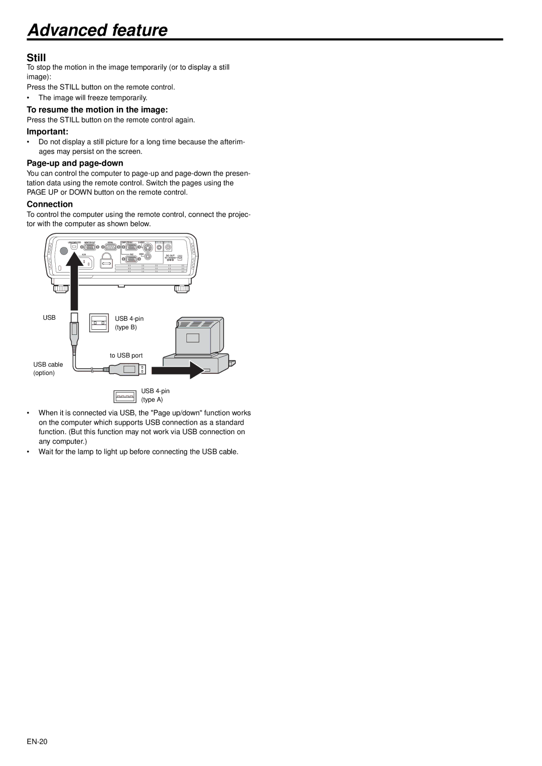 Mitsubishi Electronics XD470U/XD470U-G Advanced feature, Still, To resume the motion in the image, Page-up and page-down 