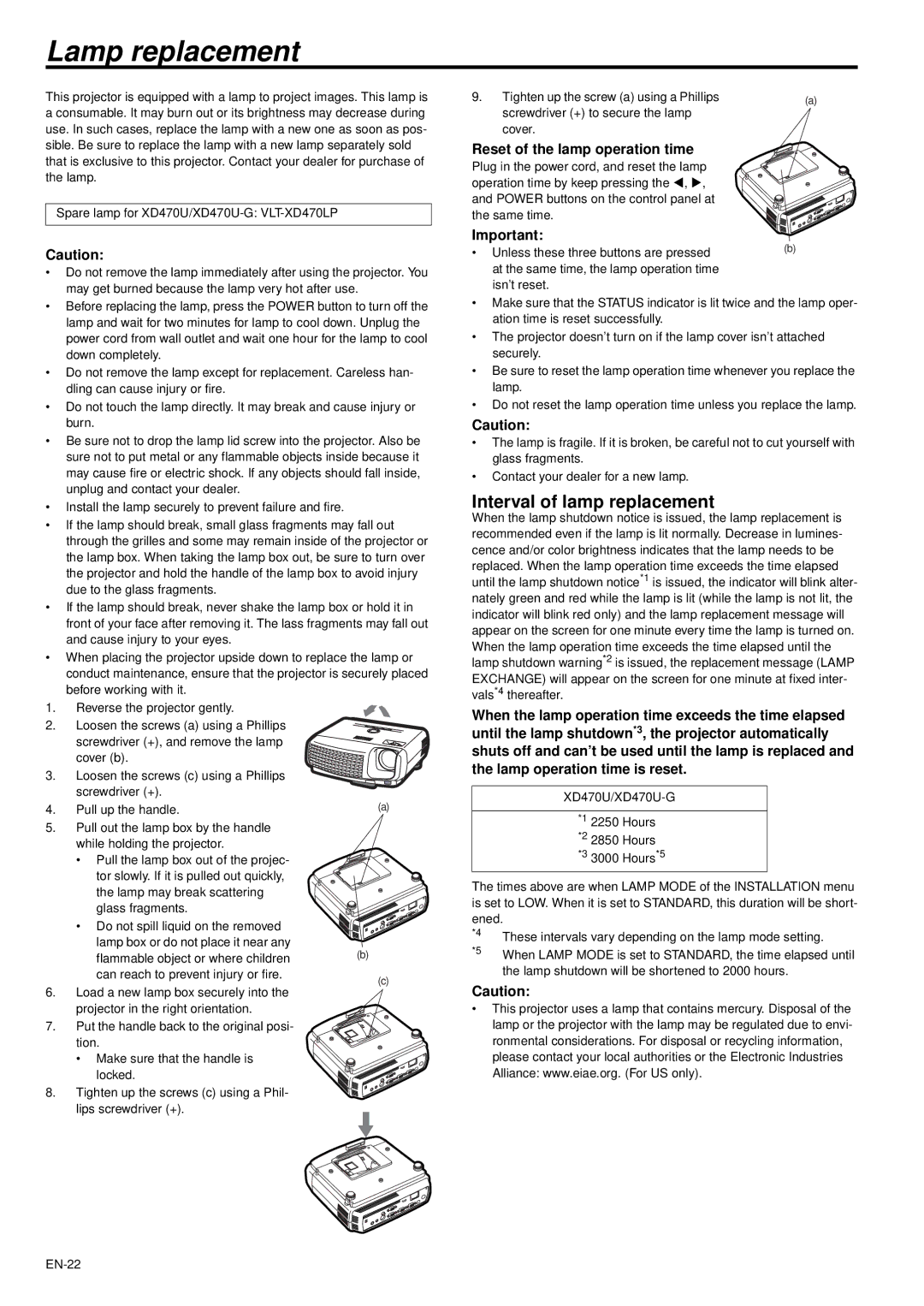 Mitsubishi Electronics XD470U/XD470U-G user manual Lamp replacement, Interval of lamp replacement 