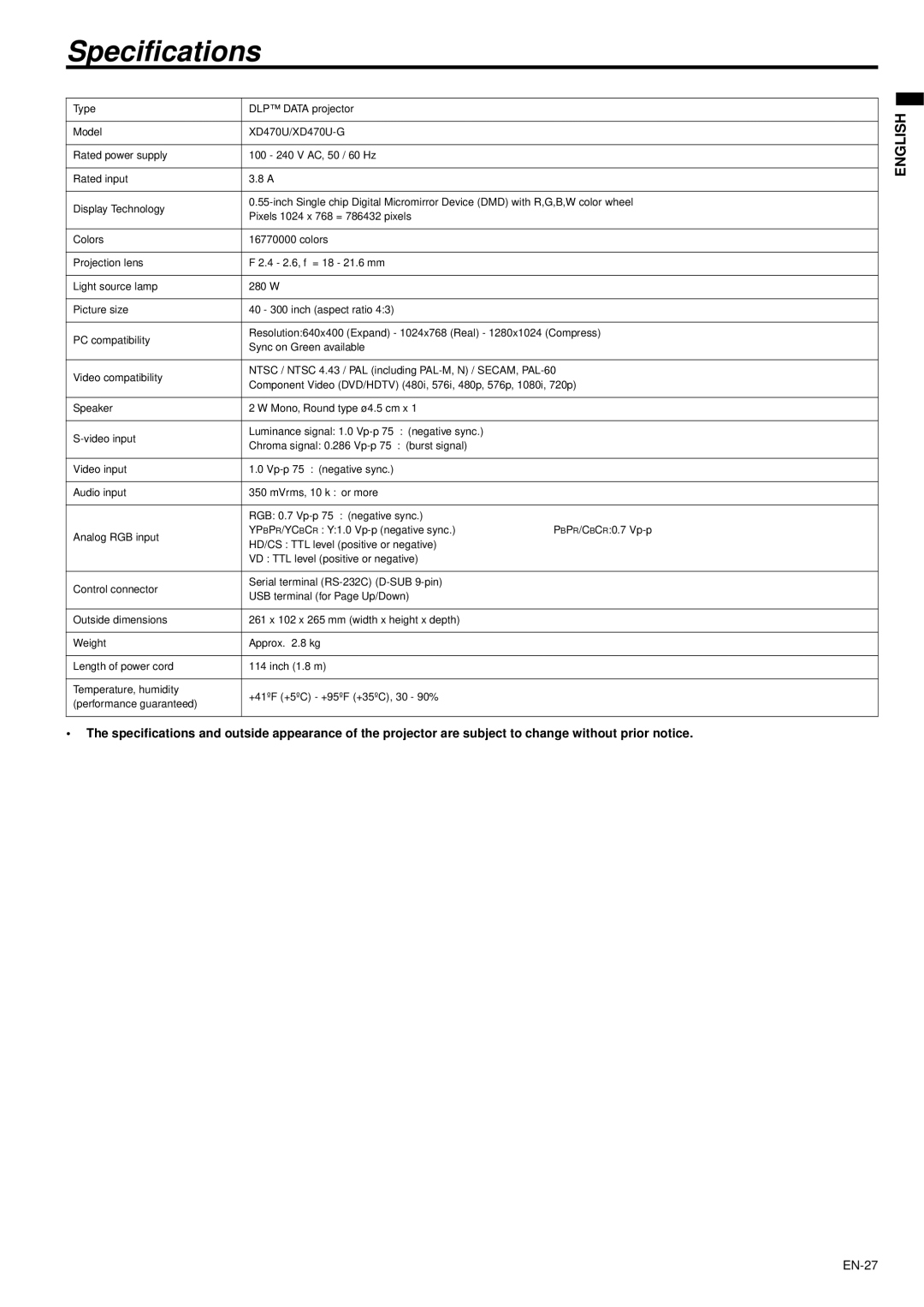 Mitsubishi Electronics XD470U/XD470U-G user manual Specifications 