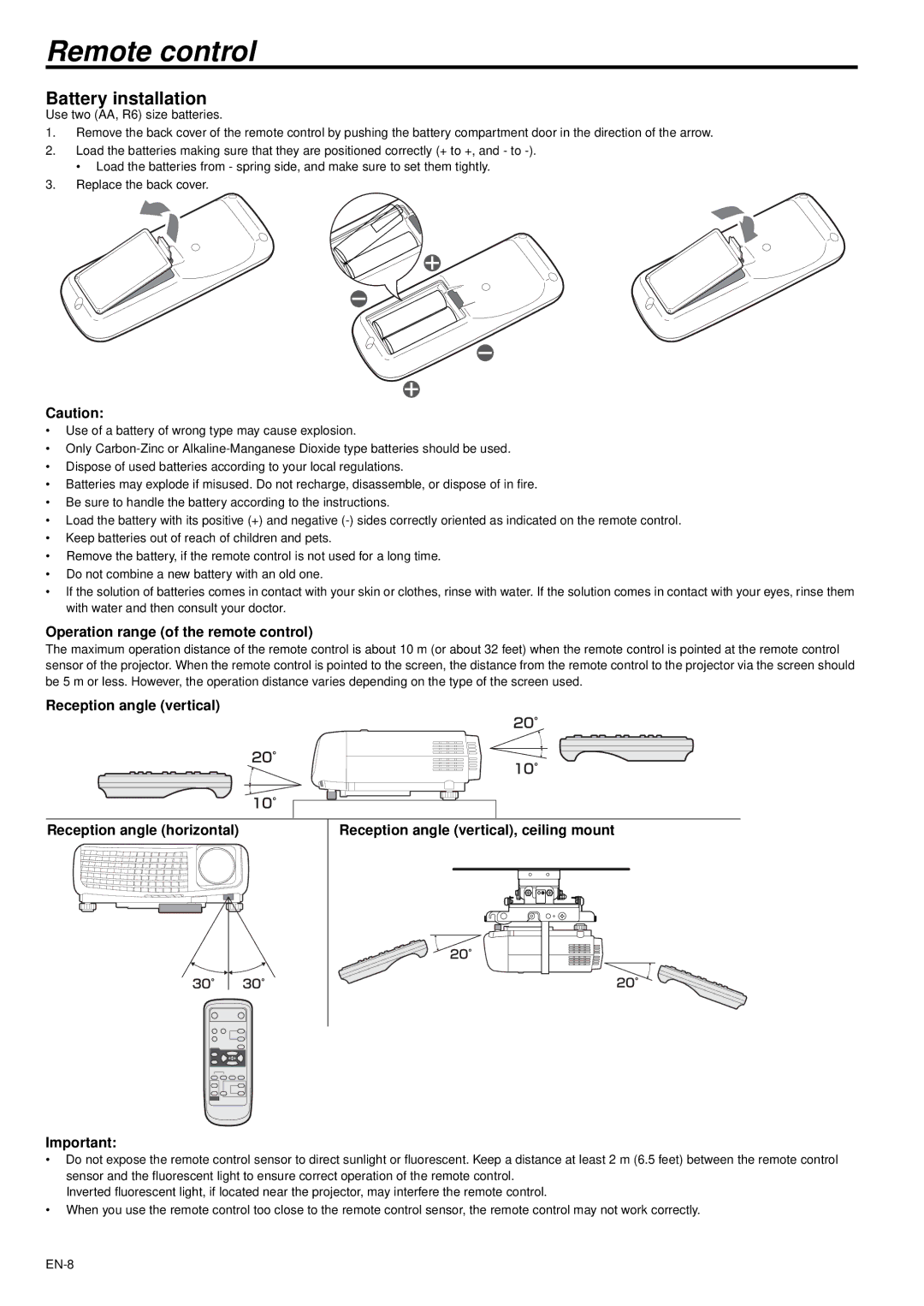 Mitsubishi Electronics XD470U/XD470U-G Remote control, Battery installation, Operation range of the remote control 