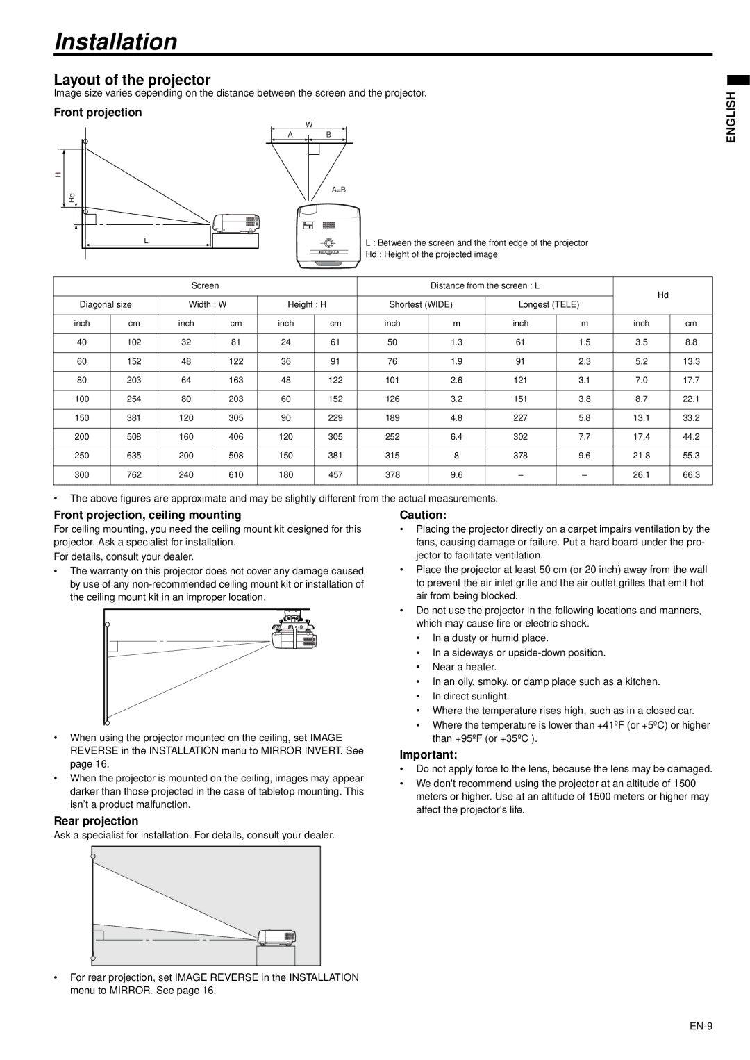 Mitsubishi Electronics XD470U/XD470U-G user manual Installation, Layout of the projector, Front projection, Rear projection 