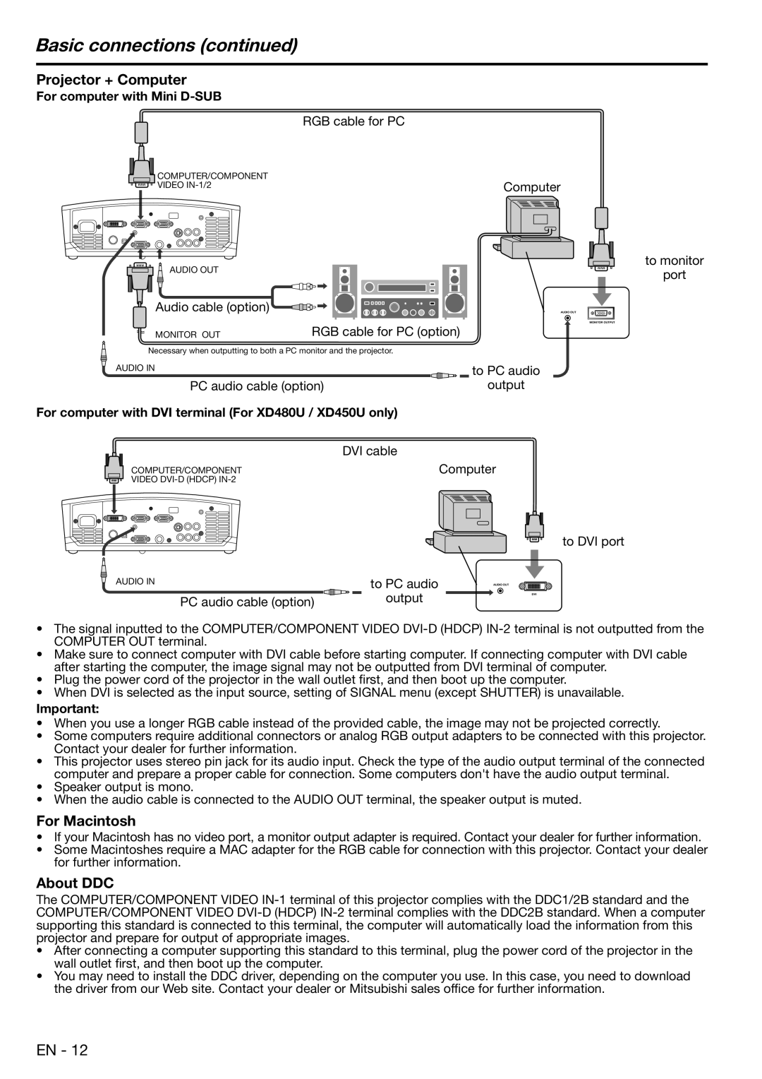 Mitsubishi Electronics XD480U user manual Basic connections, Projector + Computer, For Macintosh, About DDC 