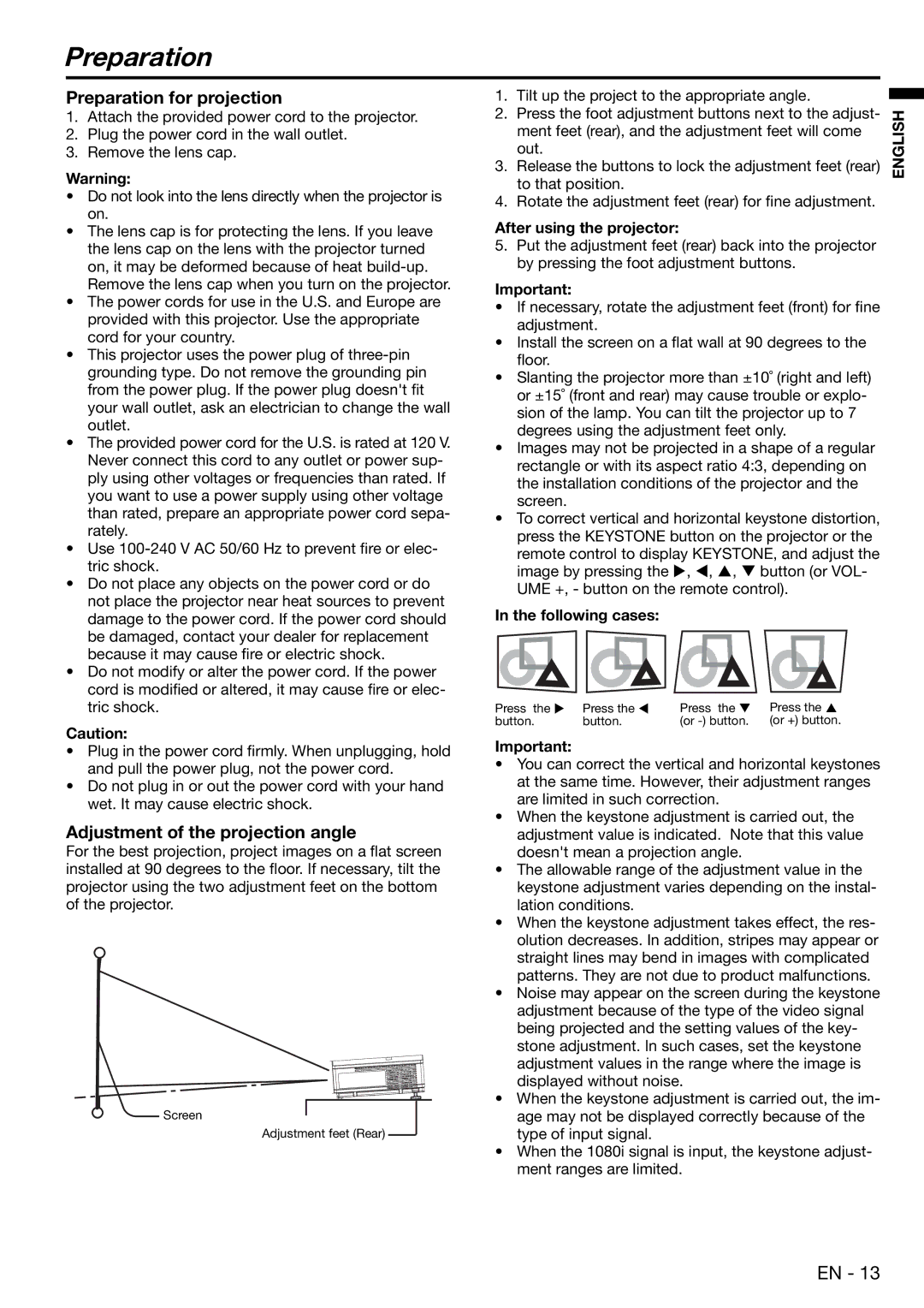 Mitsubishi Electronics XD480U Preparation for projection, Adjustment of the projection angle, Following cases 