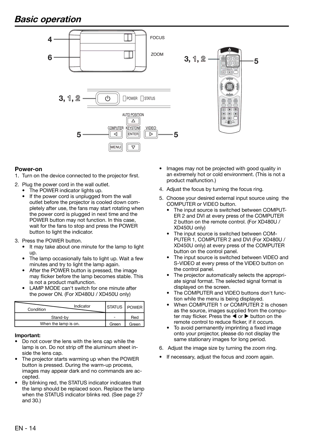 Mitsubishi Electronics XD480U user manual Basic operation, Power-on 