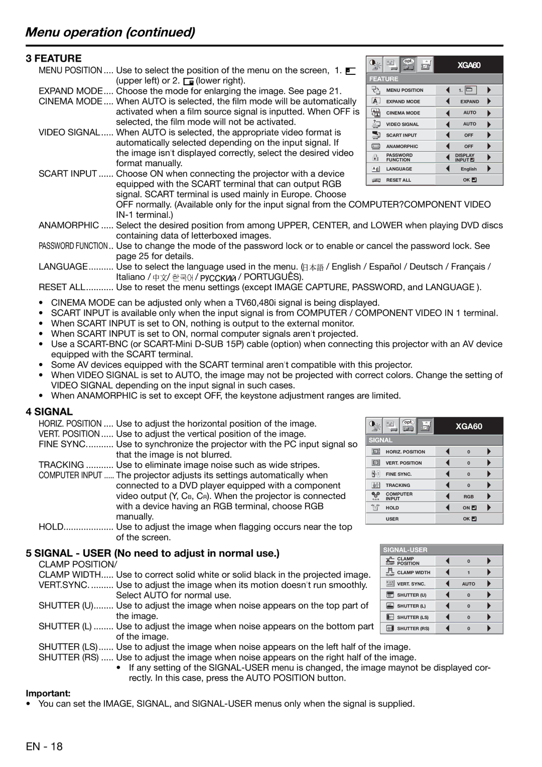 Mitsubishi Electronics XD480U user manual Menu operation, Signal User No need to adjust in normal use 