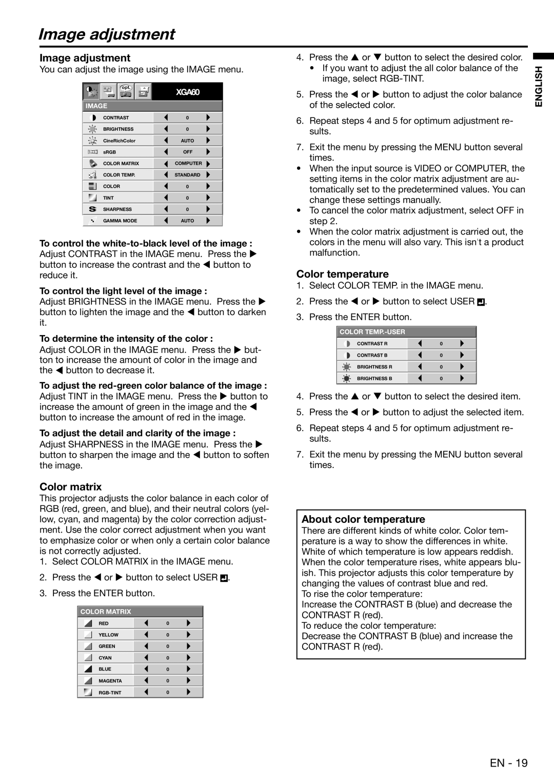 Mitsubishi Electronics XD480U user manual Image adjustment, Color matrix, Color temperature, About color temperature 