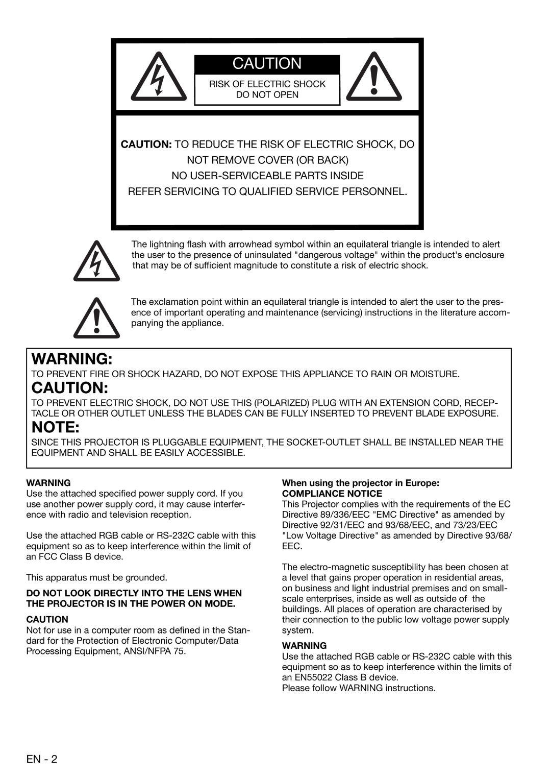 Mitsubishi Electronics XD480U user manual Risk of Electric Shock Do not Open, When using the projector in Europe 