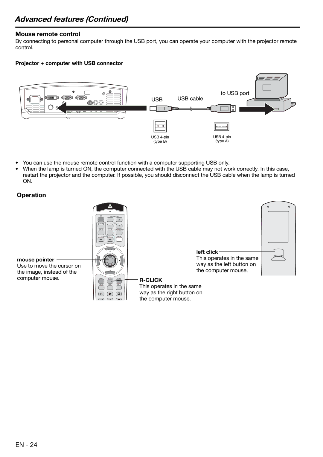 Mitsubishi Electronics XD480U Mouse remote control, Operation, Projector + computer with USB connector, Usb, Left click 