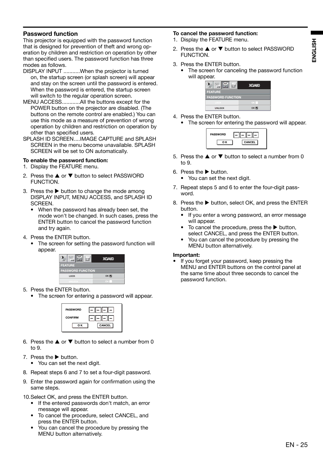 Mitsubishi Electronics XD480U user manual Password function, To cancel the password function, Function 