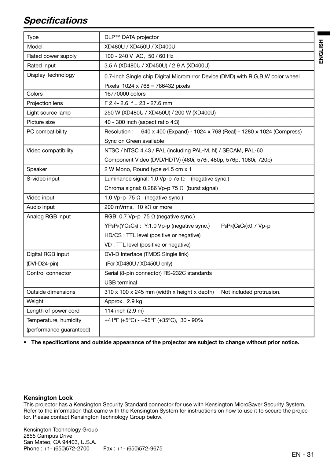 Mitsubishi Electronics XD480U user manual Speciﬁcations, Kensington Lock 