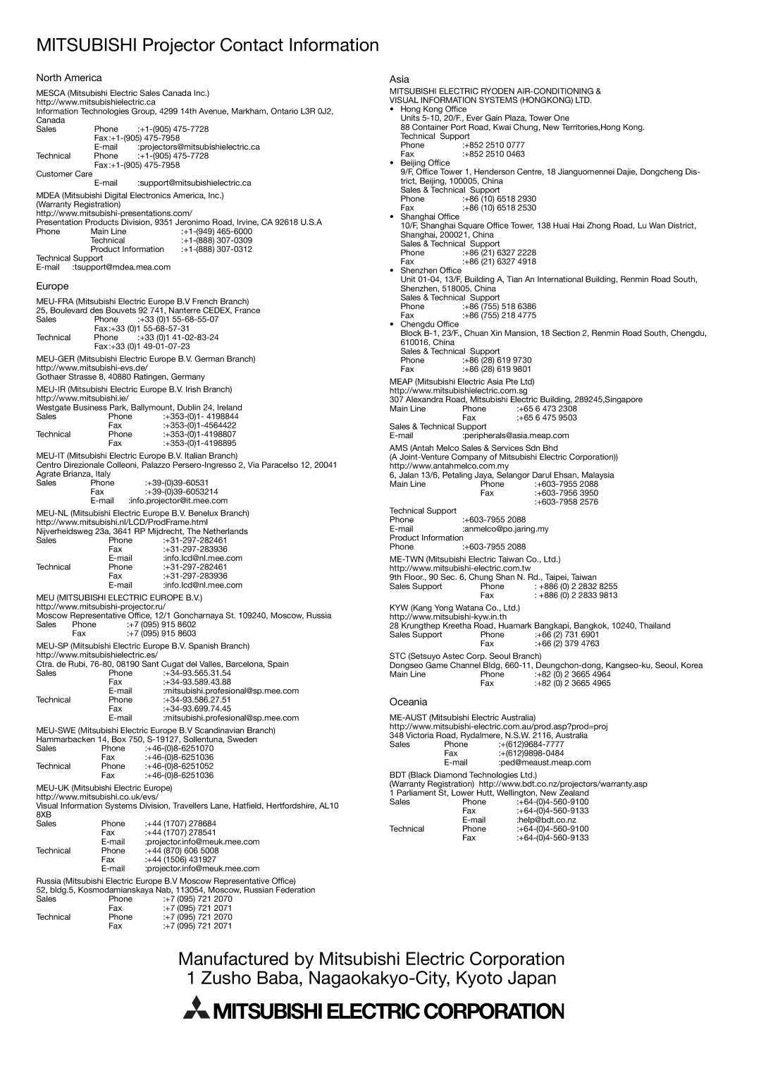 Mitsubishi Electronics XD480U user manual Mitsubishi Electric Corporation 