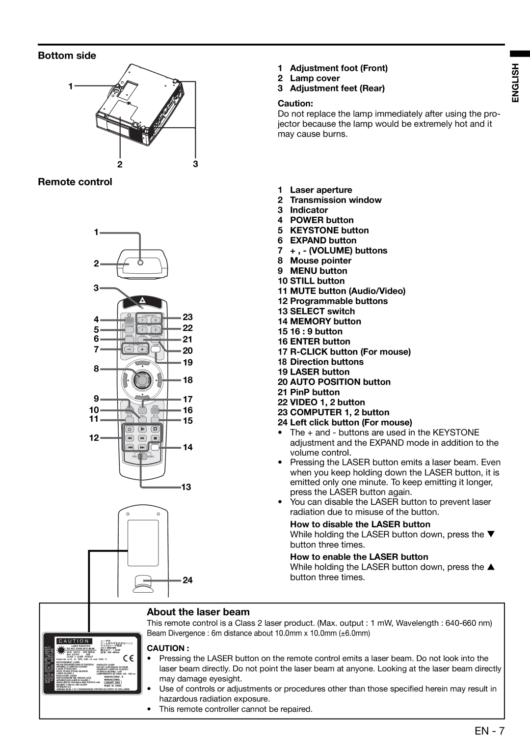 Mitsubishi Electronics XD480U user manual Bottom side Remote control, About the laser beam, How to disable the Laser button 