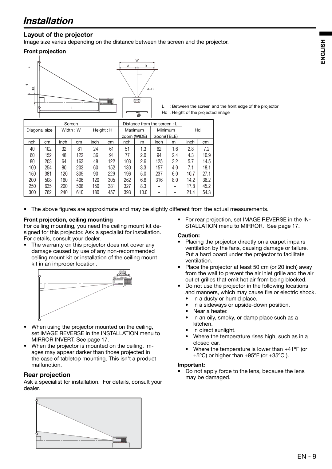 Mitsubishi Electronics XD480U user manual Installation, Layout of the projector, Rear projection, Front projection 