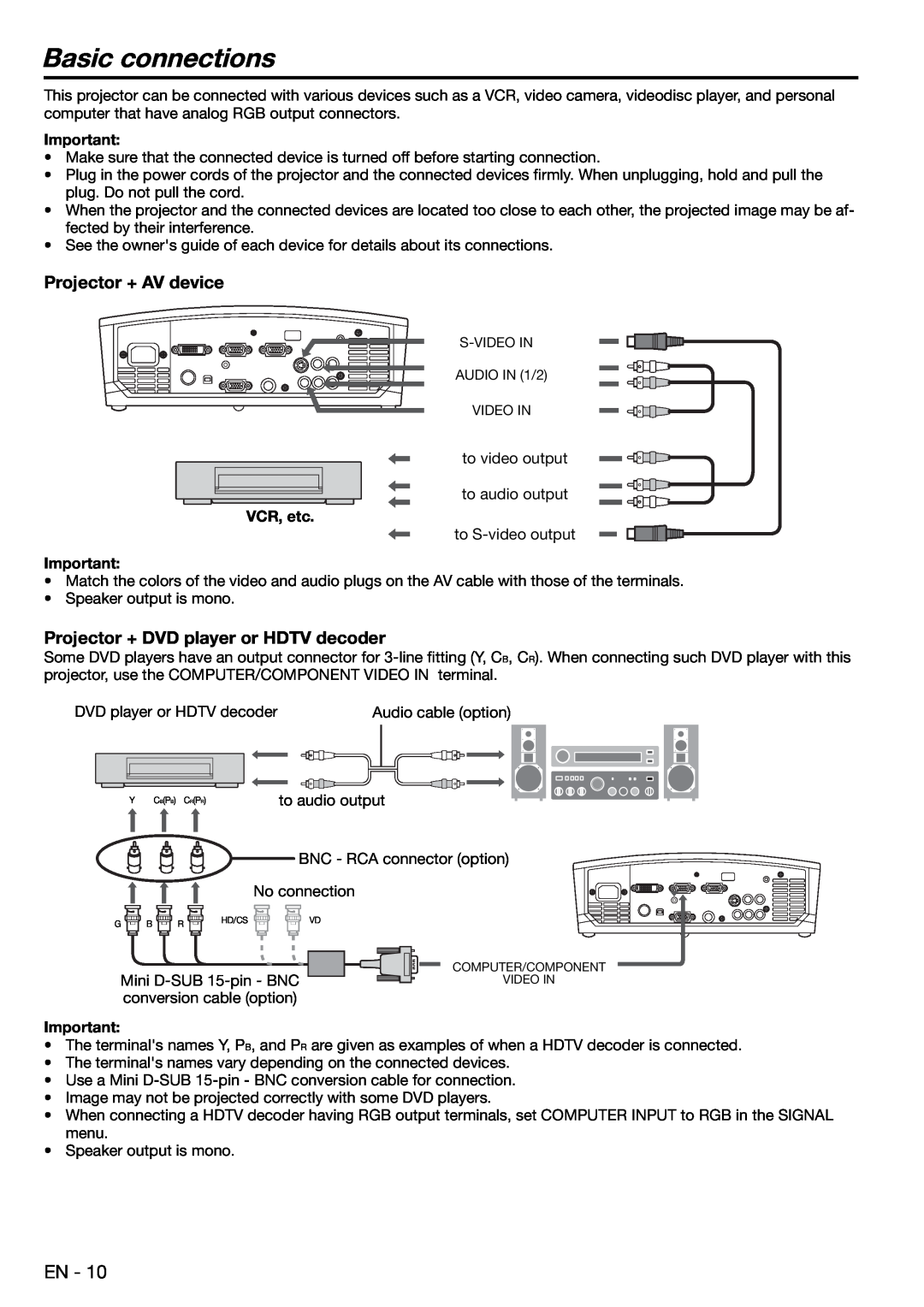 Mitsubishi Electronics XD480U user manual Basic connections, Projector + AV device, Projector + DVD player or HDTV decoder 