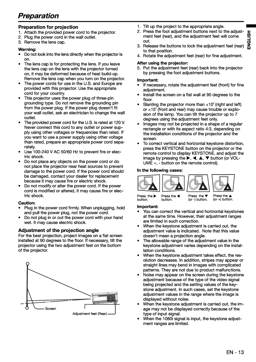 Mitsubishi Electronics XD480U user manual Preparation for projection, Adjustment of the projection angle 