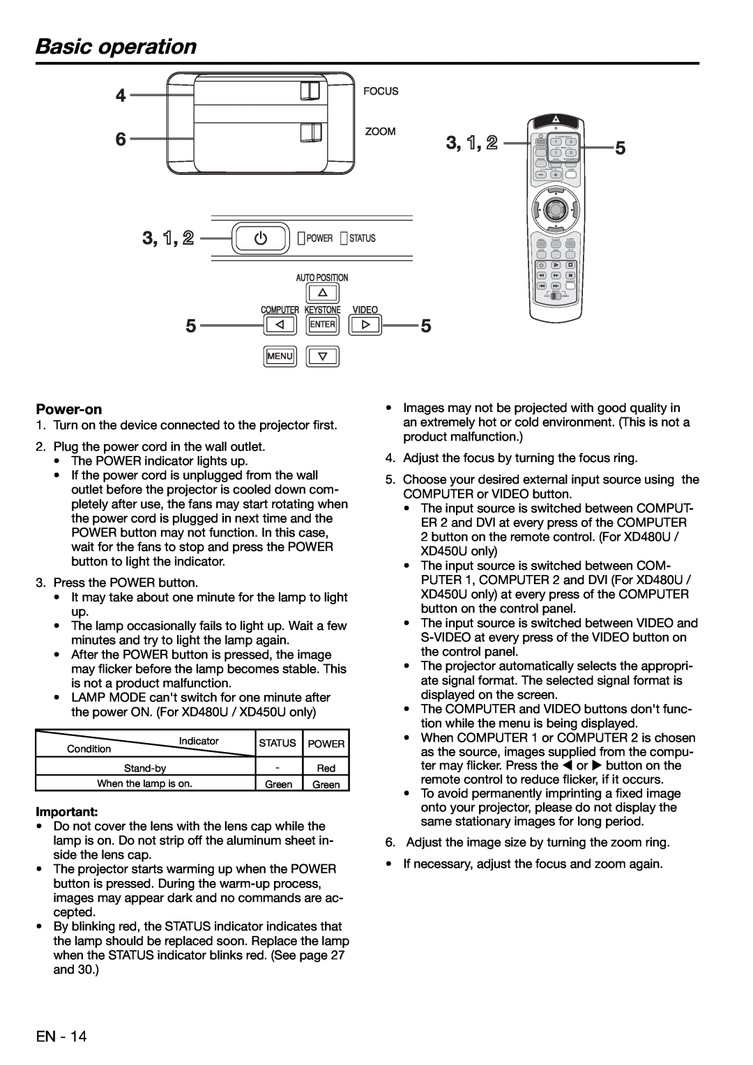 Mitsubishi Electronics XD480U user manual Basic operation, Power-on, 3, 1 