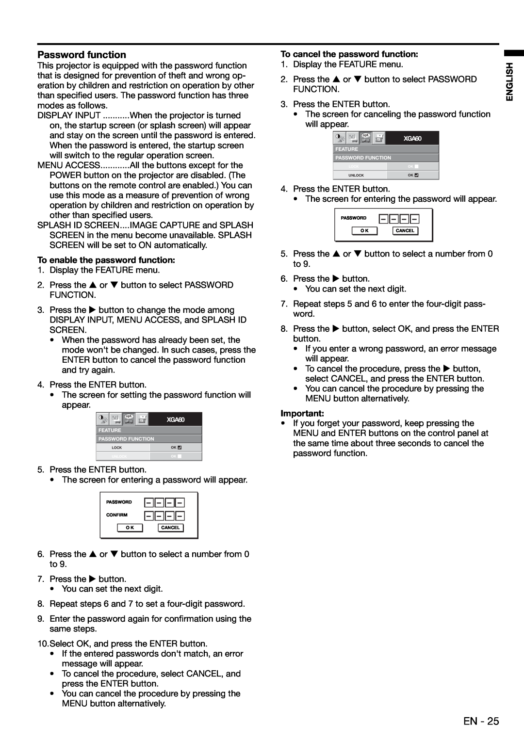 Mitsubishi Electronics XD480U user manual Password function, Press the button, select OK, and press the ENTER 