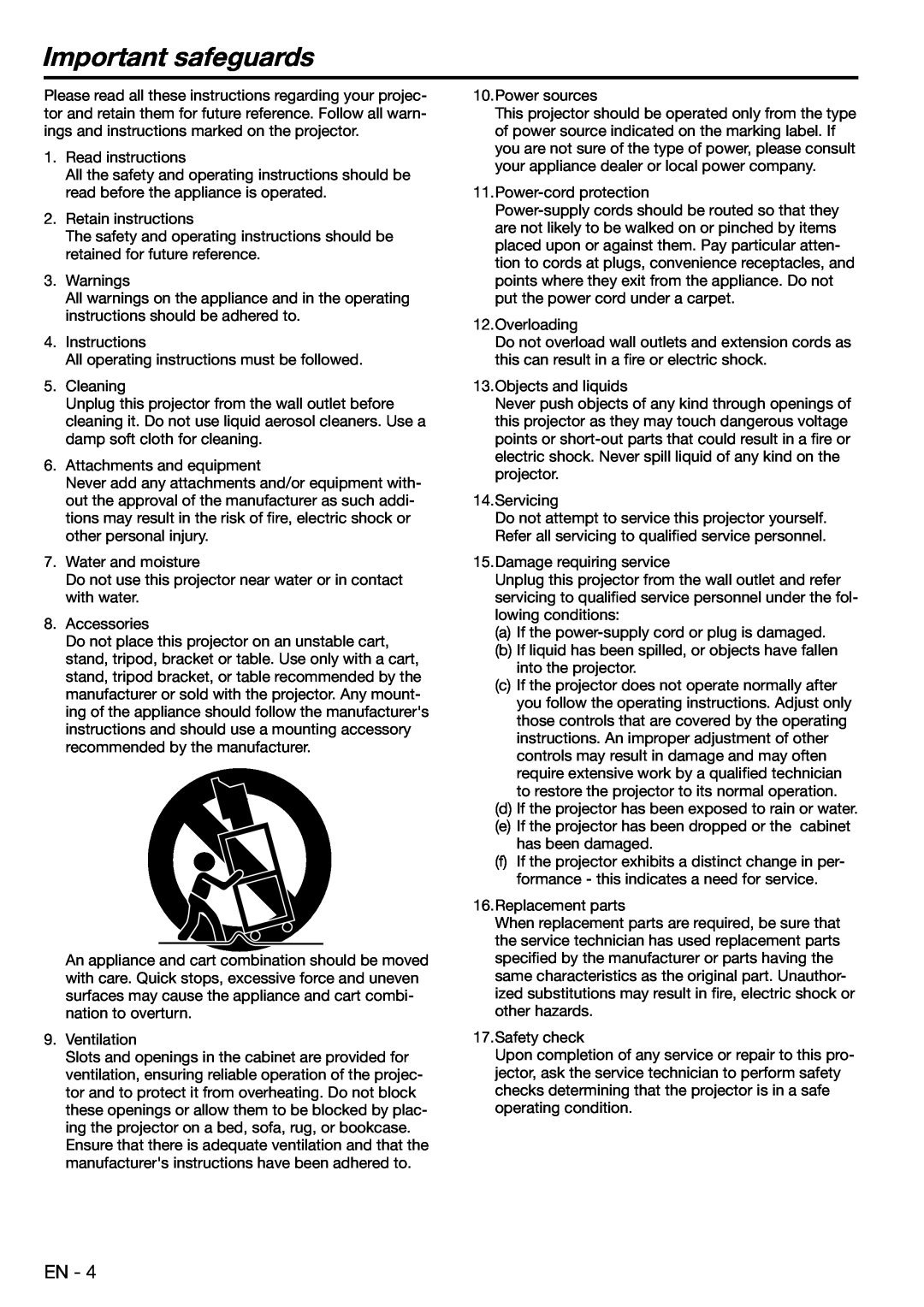 Mitsubishi Electronics XD480U user manual Important safeguards 