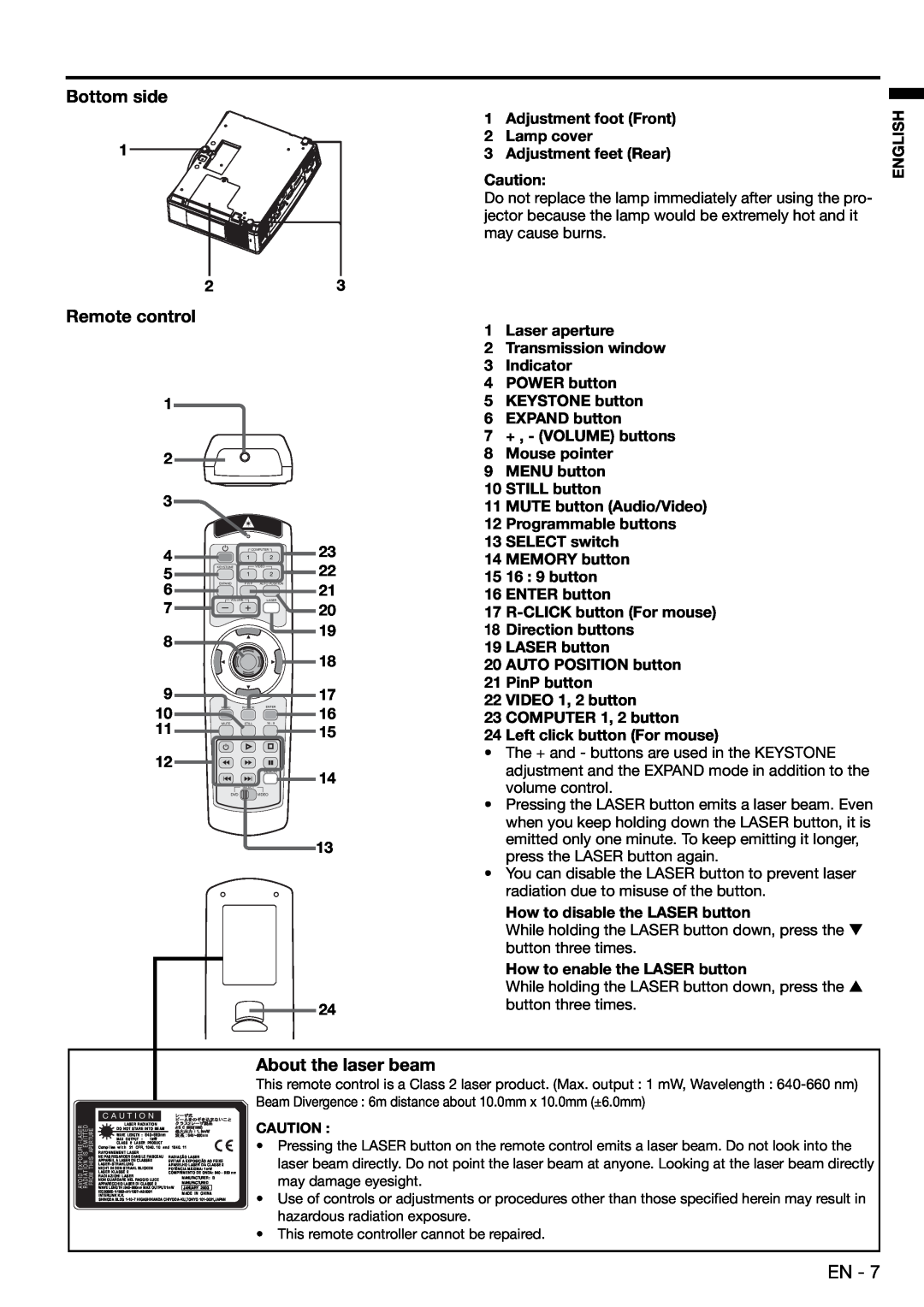 Mitsubishi Electronics XD480U user manual Bottom side, Remote control, About the laser beam 