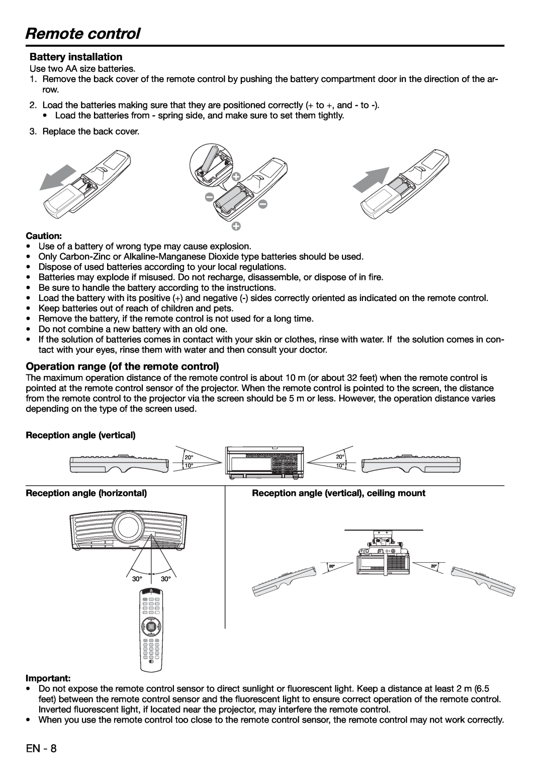 Mitsubishi Electronics XD480U user manual Remote control, Battery installation, Operation range of the remote control 