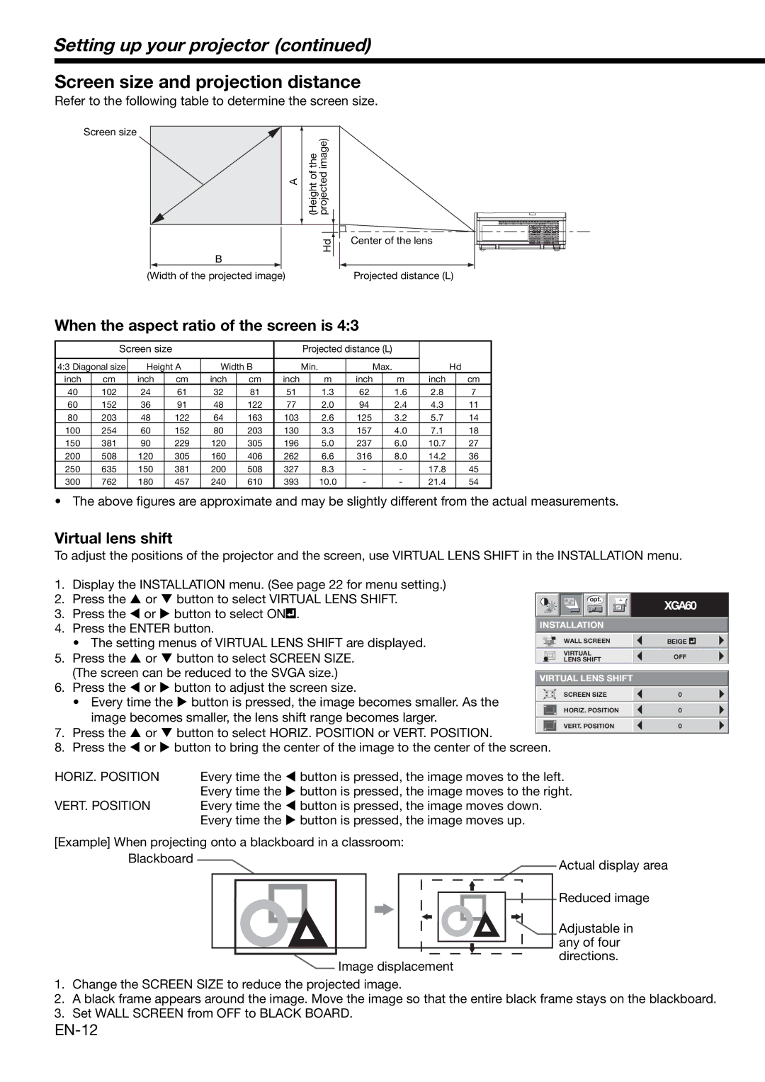 Mitsubishi Electronics XD490U Setting up your projector, Screen size and projection distance, Virtual lens shift 