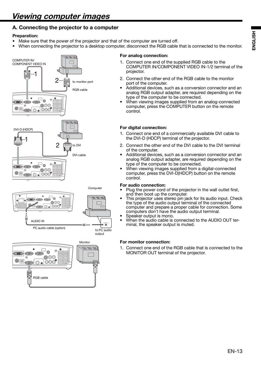 Mitsubishi Electronics XD490U user manual Viewing computer images, Connecting the projector to a computer 