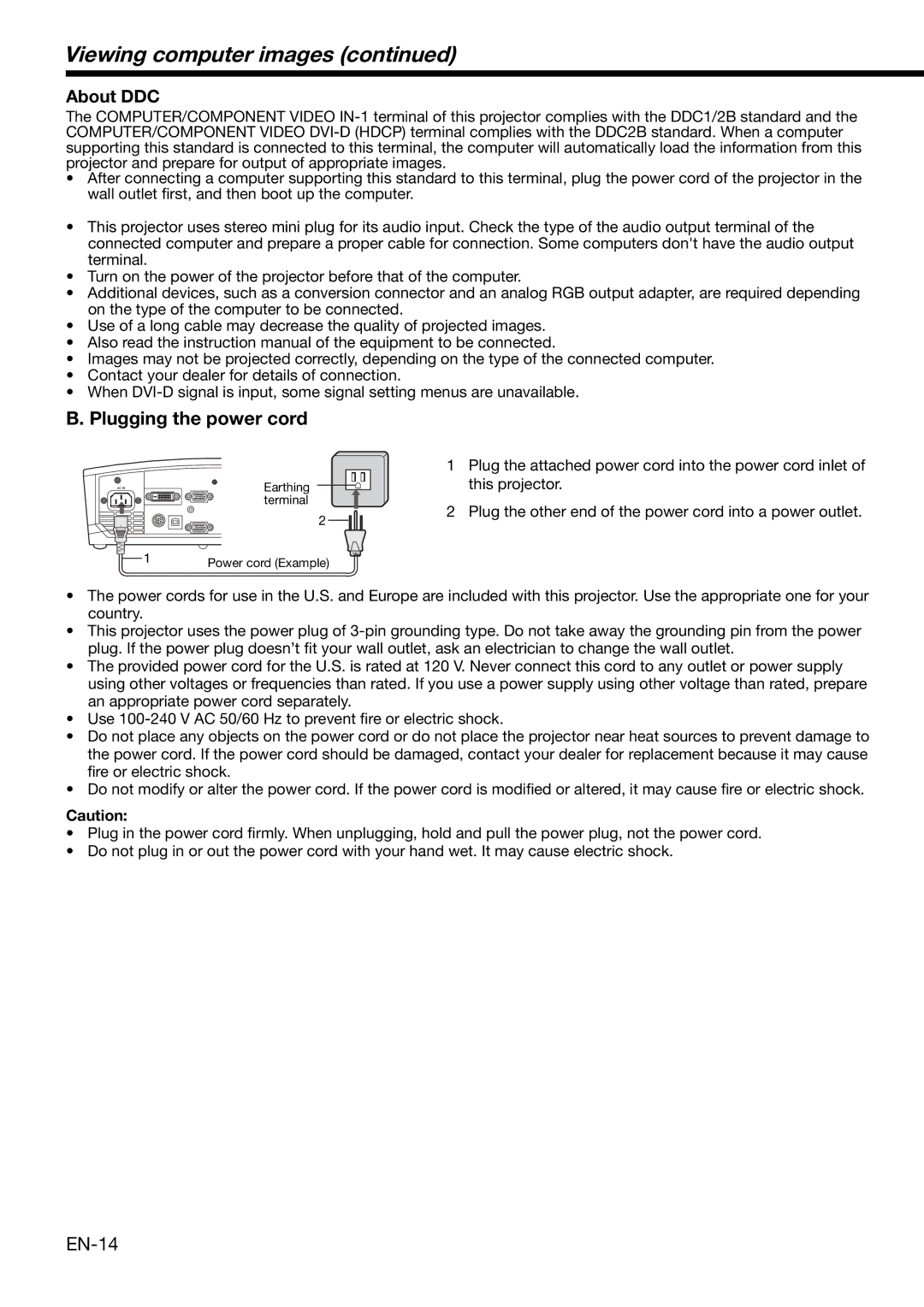 Mitsubishi Electronics XD490U user manual Viewing computer images, Plugging the power cord, About DDC 