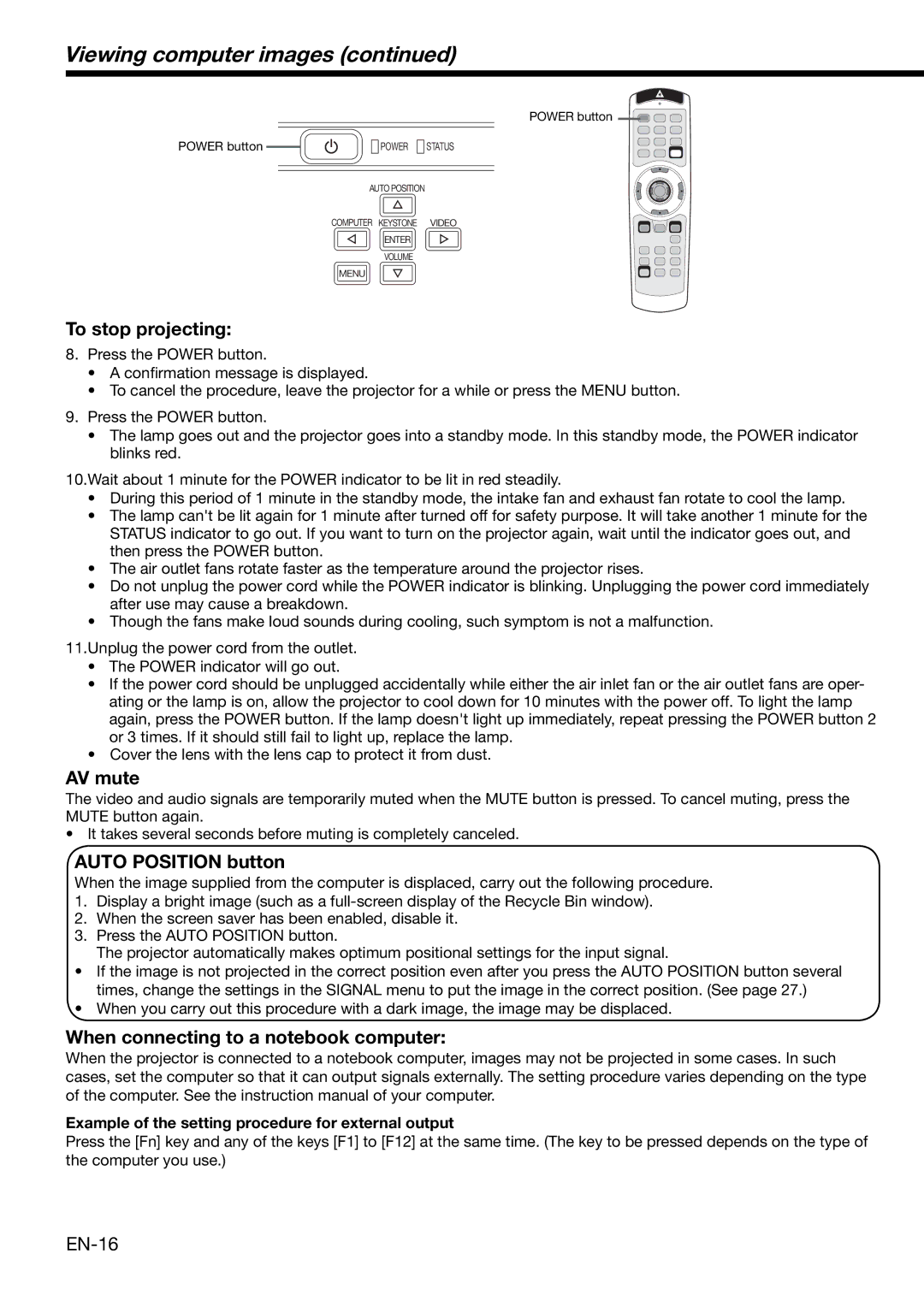 Mitsubishi Electronics XD490U To stop projecting, AV mute, Auto Position button, When connecting to a notebook computer 