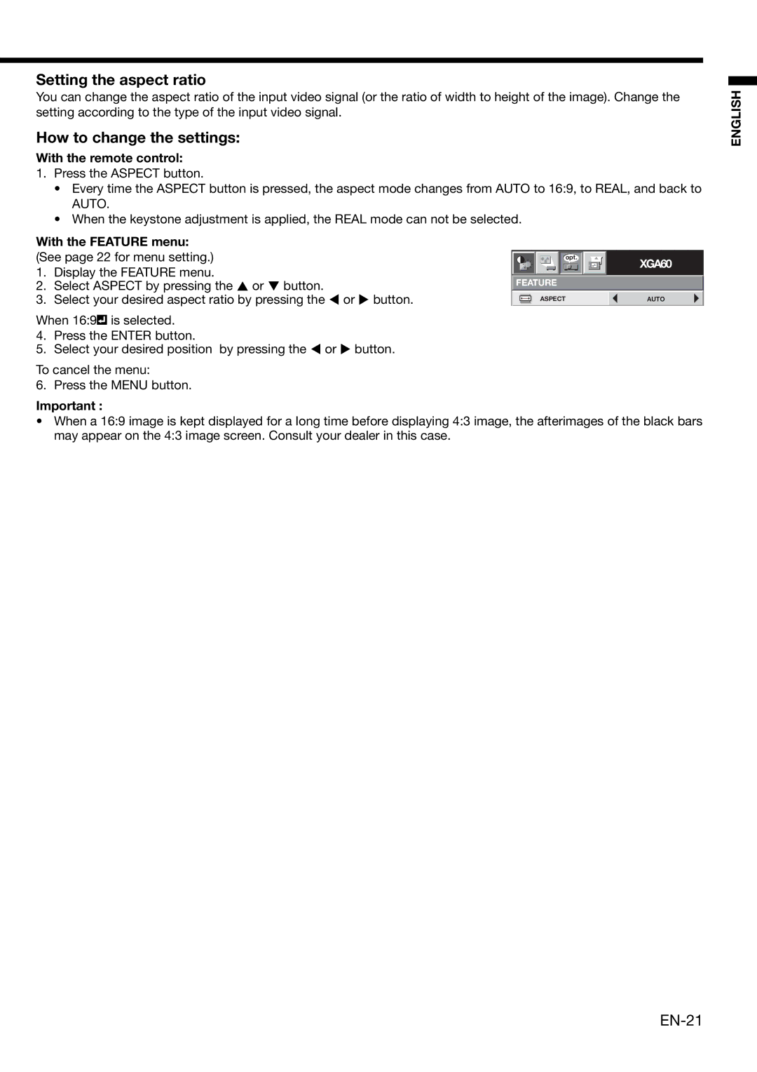 Mitsubishi Electronics XD490U user manual Setting the aspect ratio, How to change the settings, With the remote control 