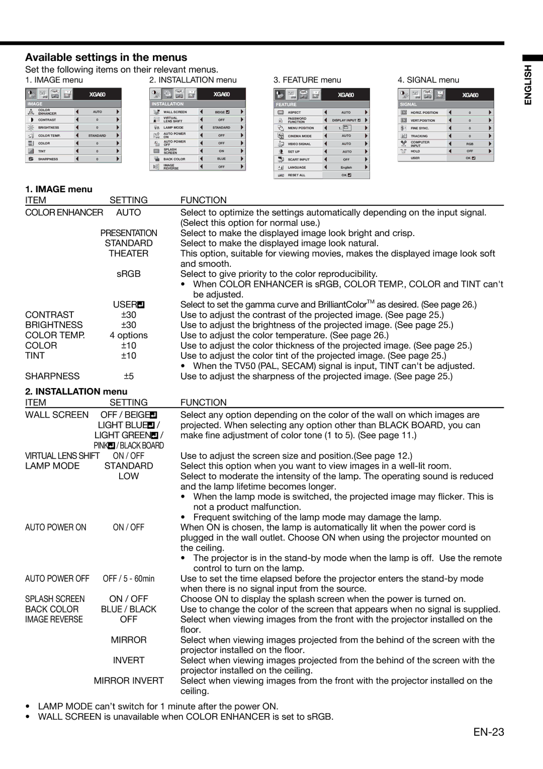 Mitsubishi Electronics XD490U user manual Available settings in the menus, Image menu, Installation menu 