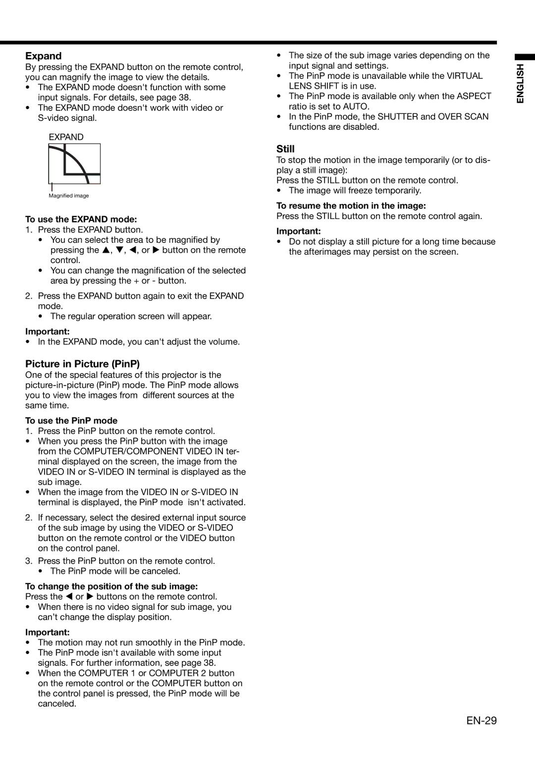 Mitsubishi Electronics XD490U user manual Expand, Picture in Picture PinP, Still 