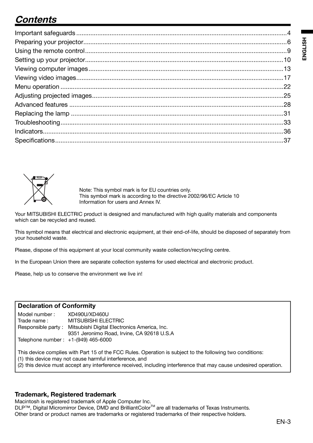 Mitsubishi Electronics XD490U user manual Contents 