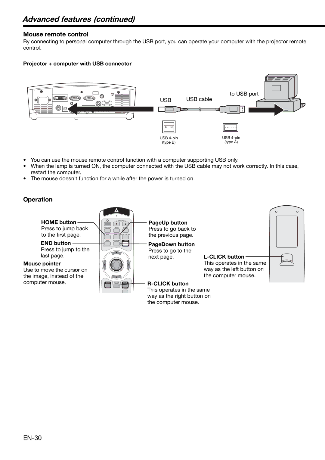 Mitsubishi Electronics XD490U user manual Advanced features, Mouse remote control, Operation 