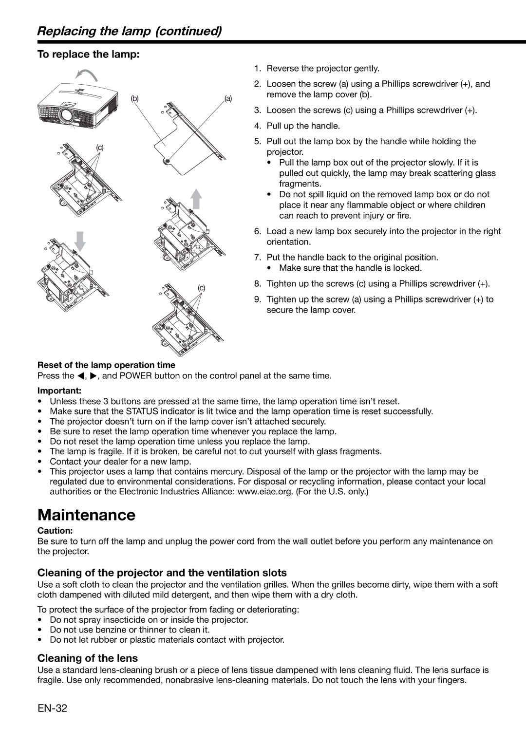 Mitsubishi Electronics XD490U Replacing the lamp, To replace the lamp, Cleaning of the projector and the ventilation slots 