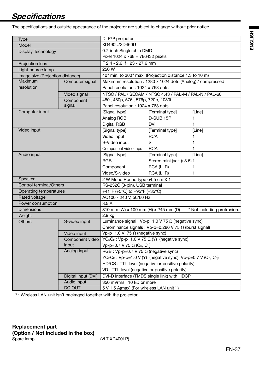 Mitsubishi Electronics XD490U user manual Speciﬁcations, Replacement part Option / Not included in the box 