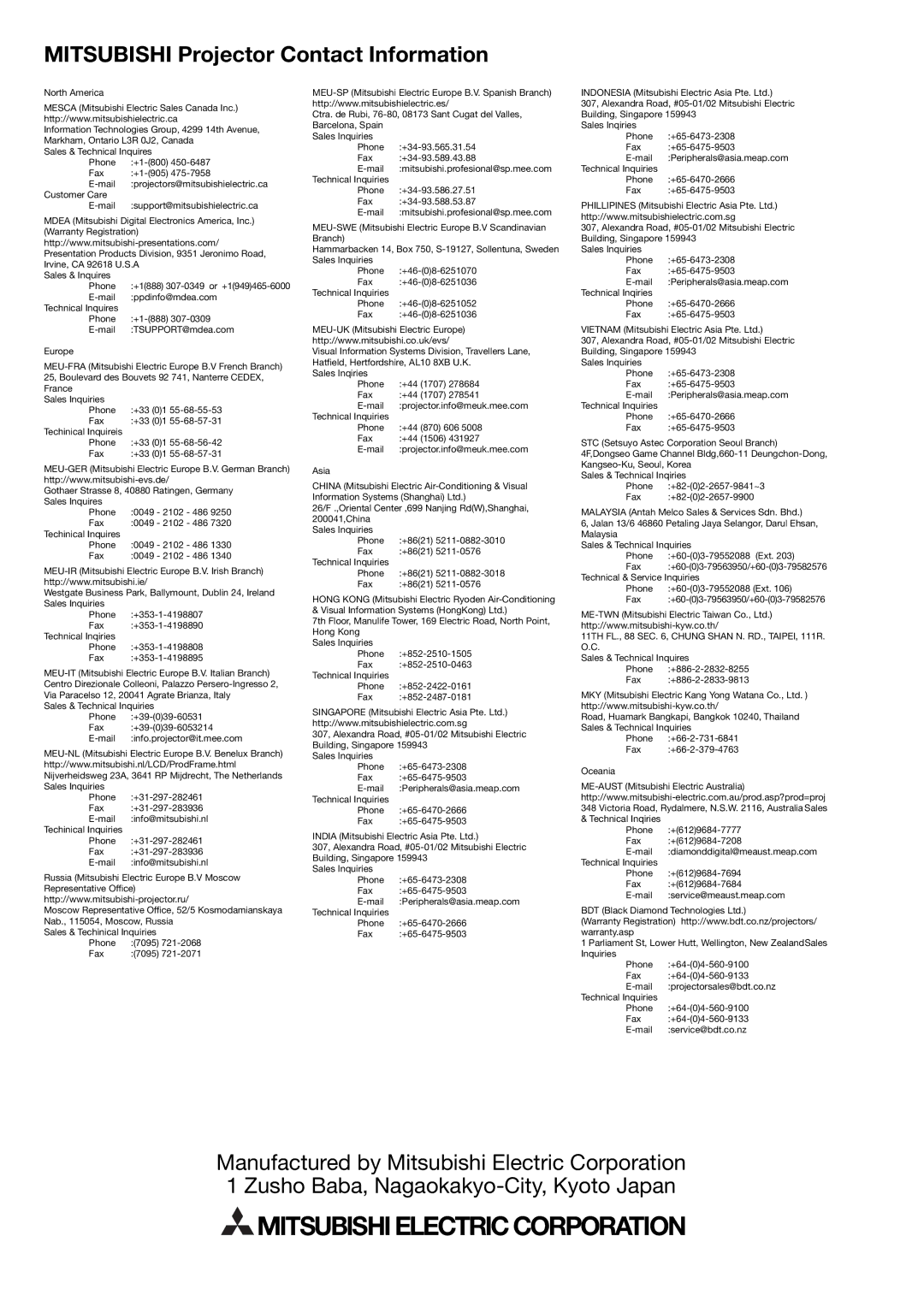 Mitsubishi Electronics XD490U user manual Mitsubishi Projector Contact Information 