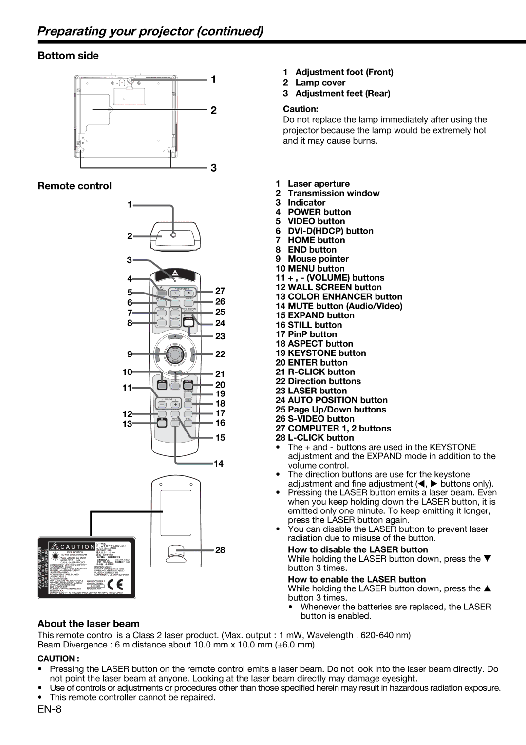 Mitsubishi Electronics XD490U user manual Preparating your projector, Bottom side, Remote control, About the laser beam 