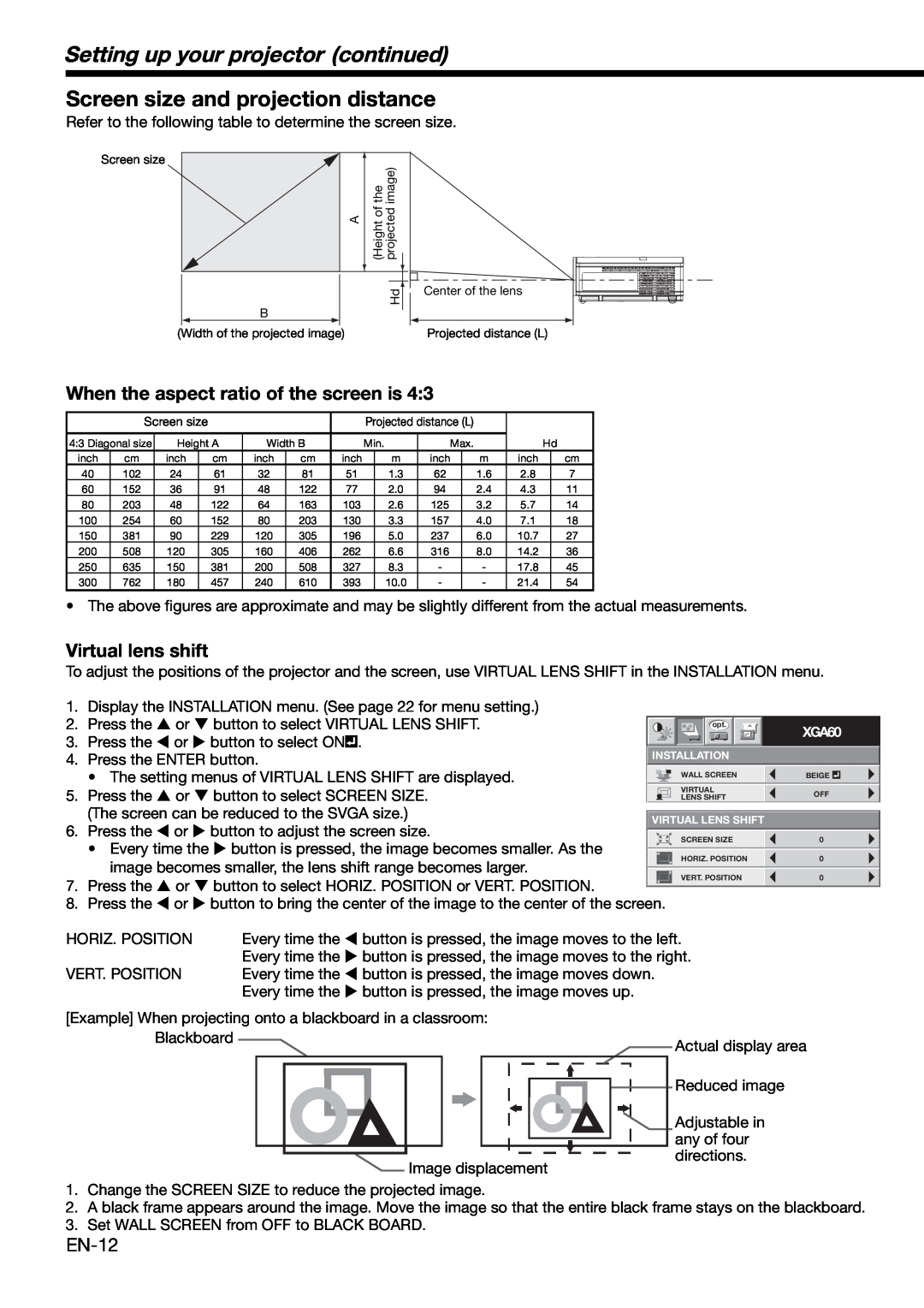 Mitsubishi Electronics XD490U user manual Setting up your projector continued, Screen size and projection distance 
