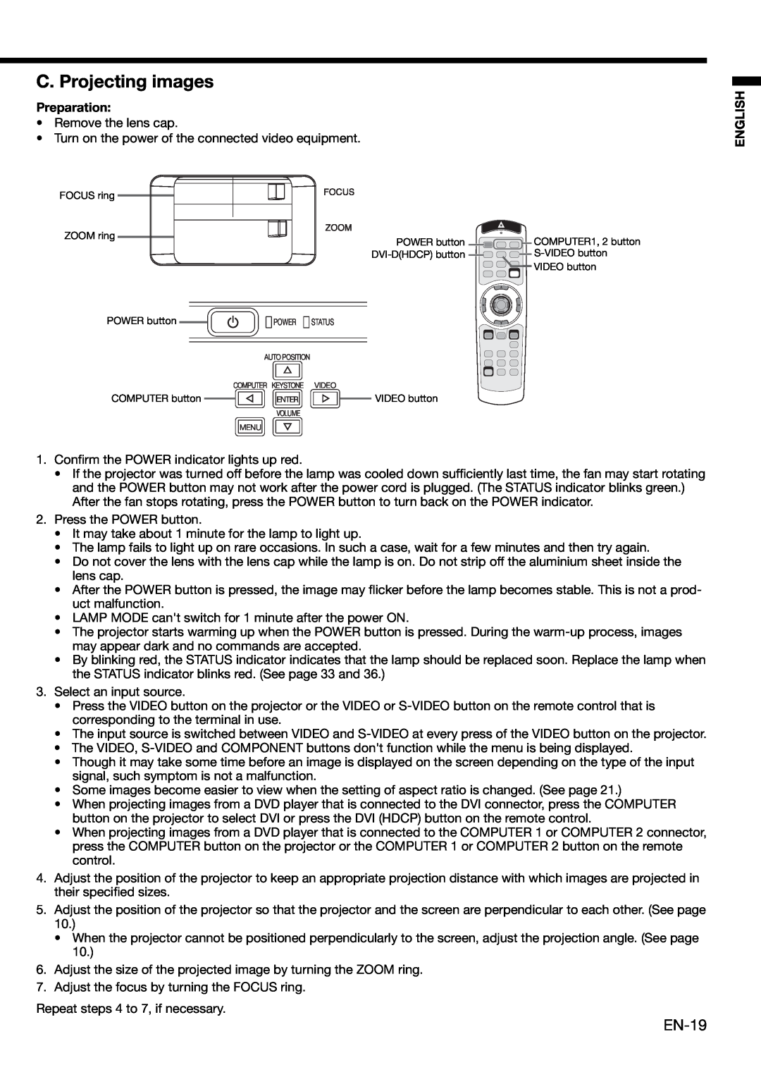Mitsubishi Electronics XD490U user manual C. Projecting images, EN-19, Preparation, English 
