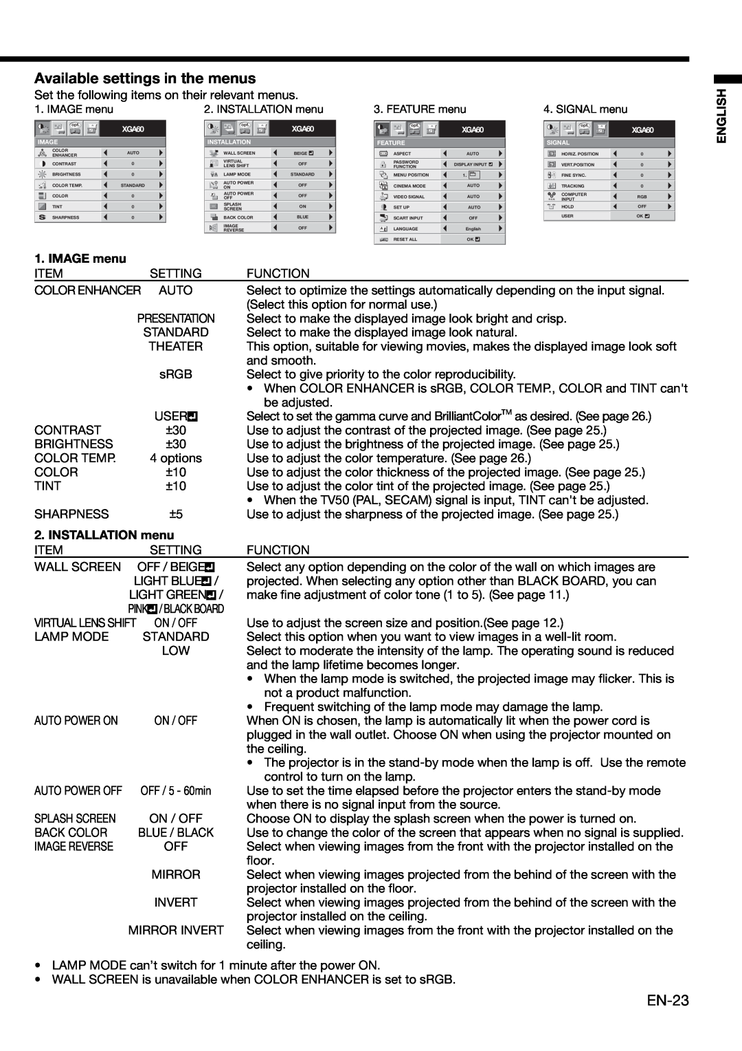 Mitsubishi Electronics XD490U user manual Available settings in the menus, EN-23, IMAGE menu, INSTALLATION menu, English 