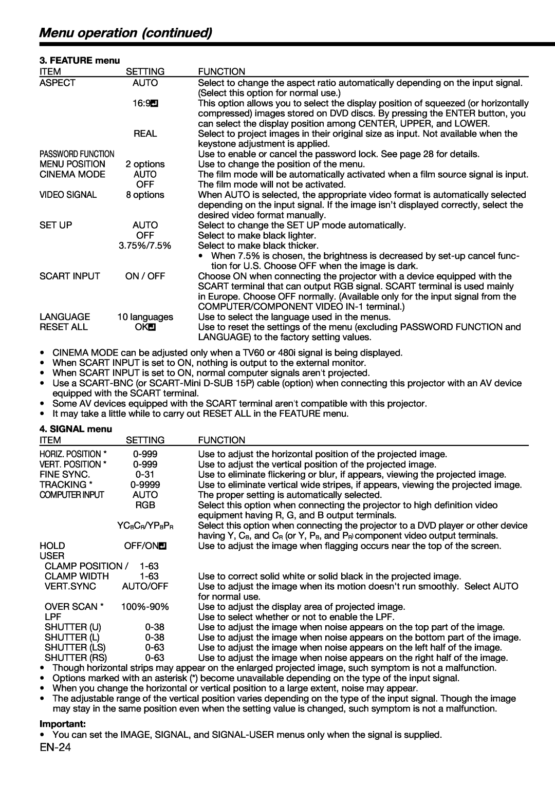 Mitsubishi Electronics XD490U user manual Menu operation continued, EN-24, FEATURE menu, SIGNAL menu 
