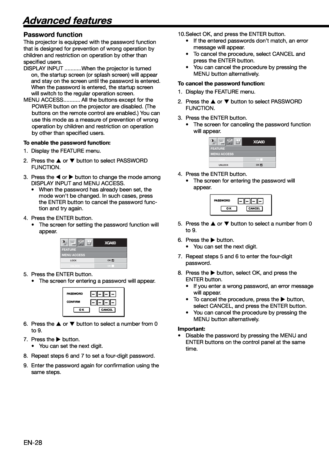 Mitsubishi Electronics XD490U user manual Advanced features, Password function, To enable the password function 