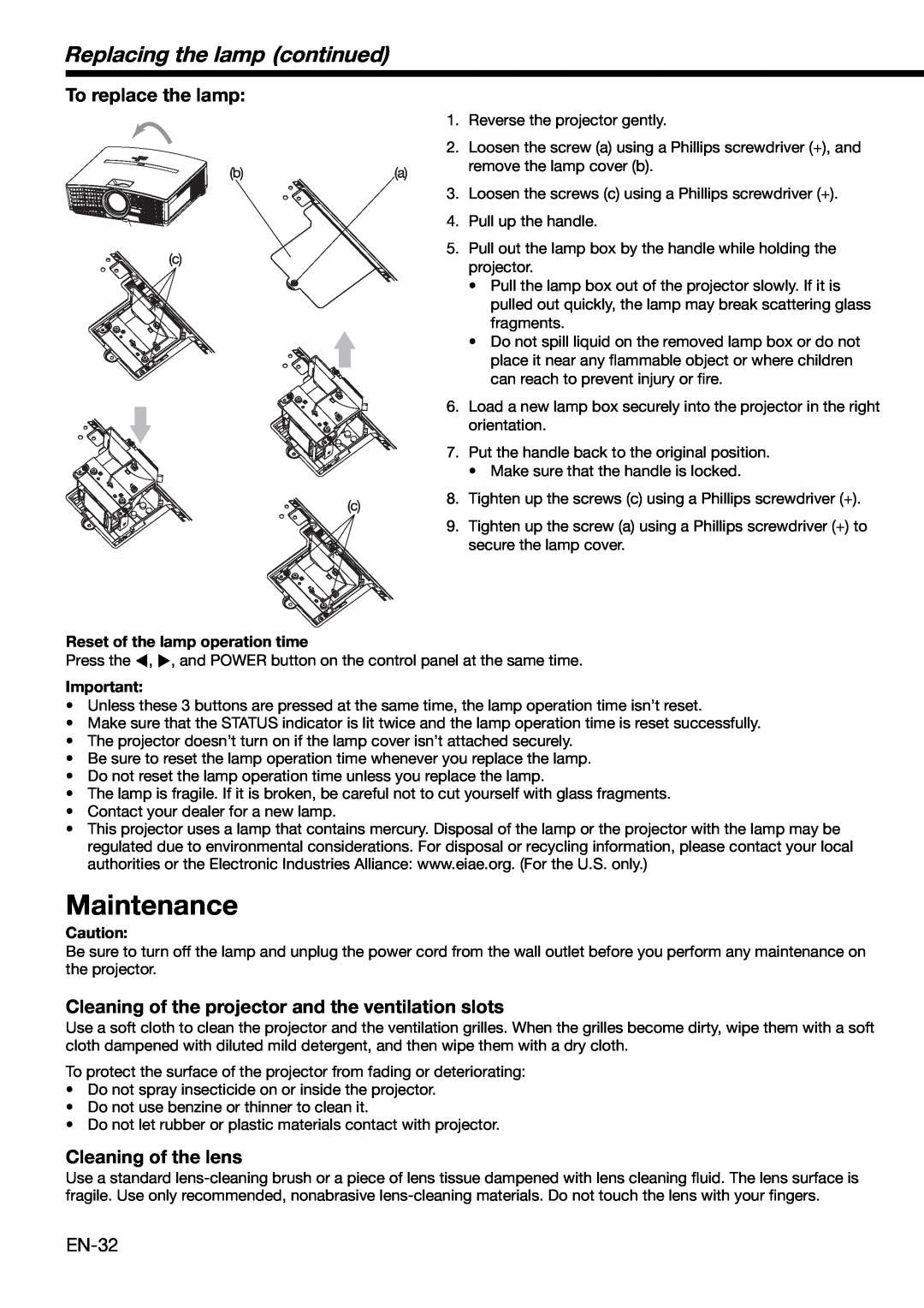 Mitsubishi Electronics XD490U user manual Replacing the lamp continued, Maintenance, Reset of the lamp operation time 